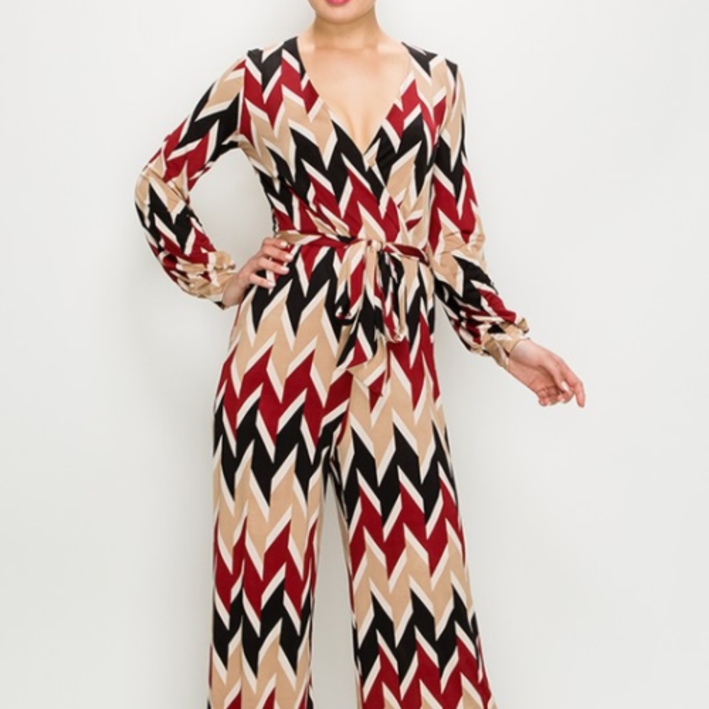 Tie Waist Zig Zag print jumpsuit